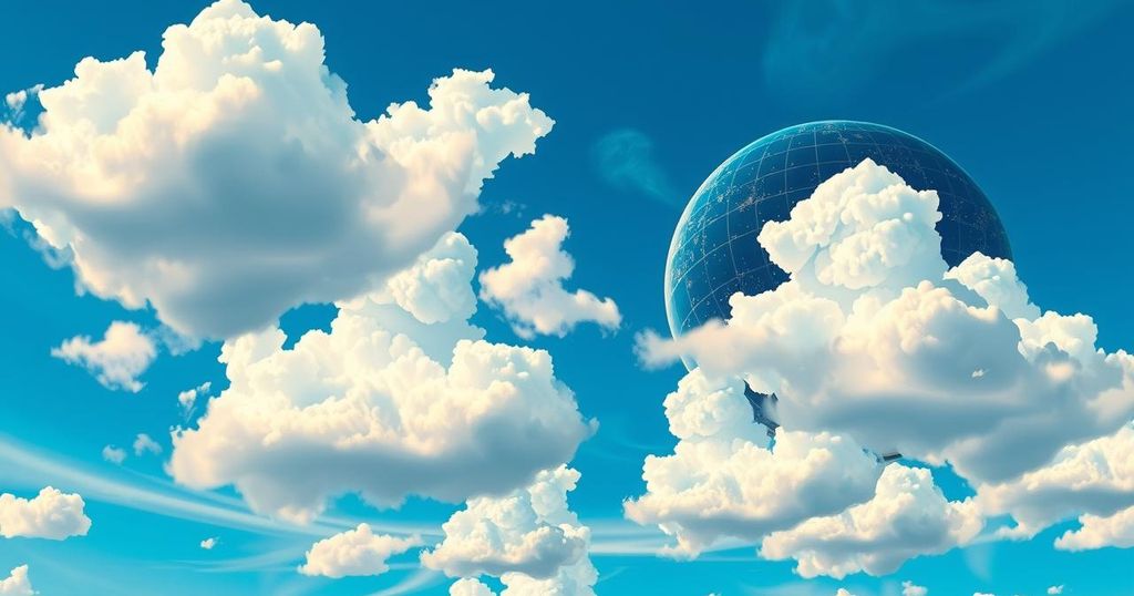 Pianeta politico statunitense in trasformazione con un cielo blu e nuvole bianche, simboleggiando cambiamenti e sfide, stile impressionista.