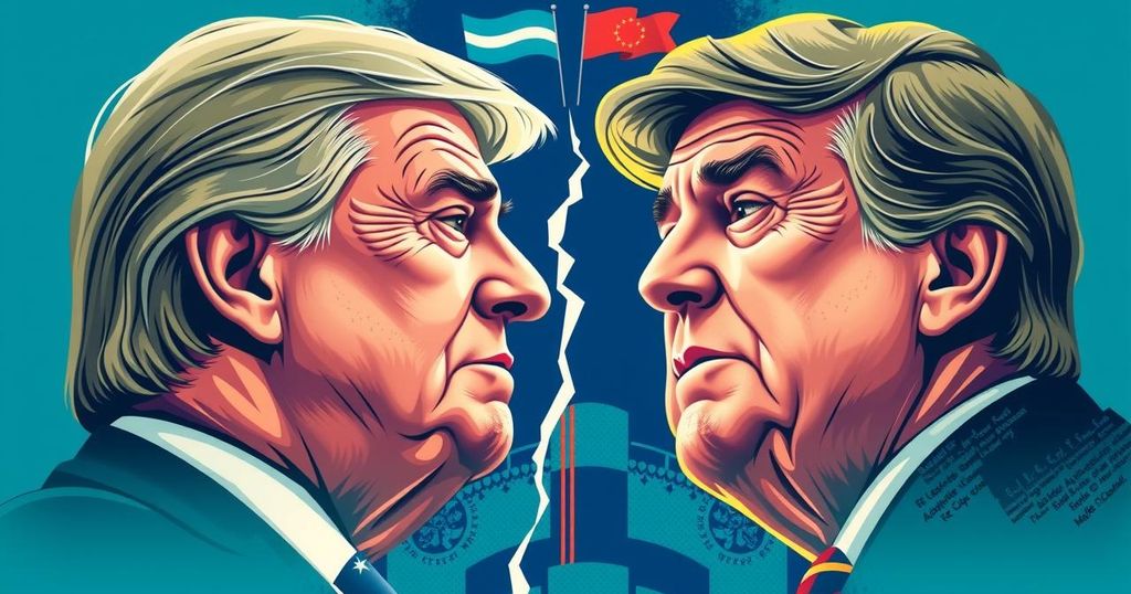Rappresentazione artistica di uno scontro politico tra due leader, con simboli di partiti e un consiglio verde.