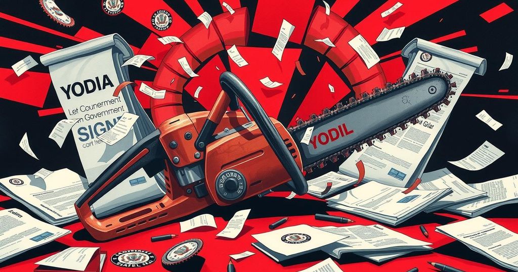 Disruptive political scene with a chainsaw, symbolizing upheaval in governance and power dynamics.