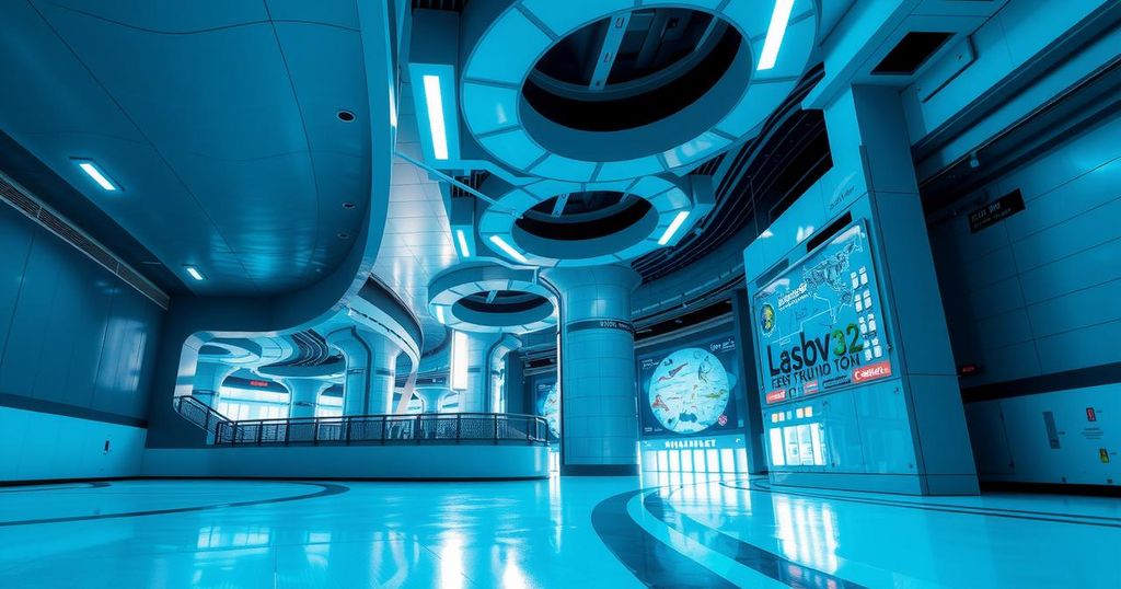 Rappresentazione astratta di un tunnel futuristico con strutture moderne e vibrazioni tecnologiche sotto un cielo sereno.