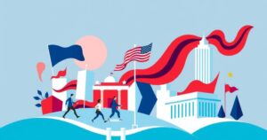 A political landscape with abstract elements representing political victories and movement.