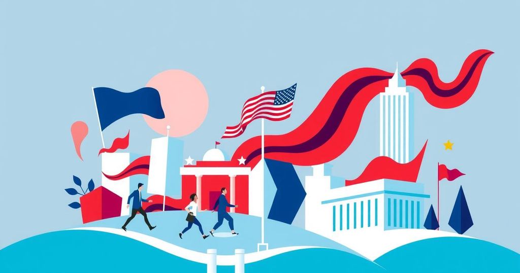 A political landscape with abstract elements representing political victories and movement.