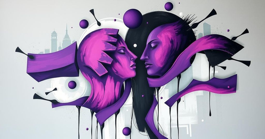 Artistic representation of political diversity, featuring contrasting colors and abstract forms symbolizing conflict and unity.