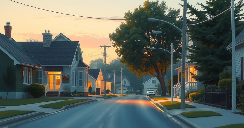 A peaceful suburban street at dawn with empty houses, subtle lighting, and trees, conveying a sense of calm and security.