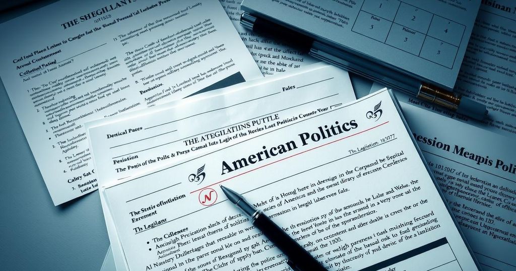 Un collage di documenti legislativi, evidenziando una penna e un foglio per il voto, rappresentando la politica americana.