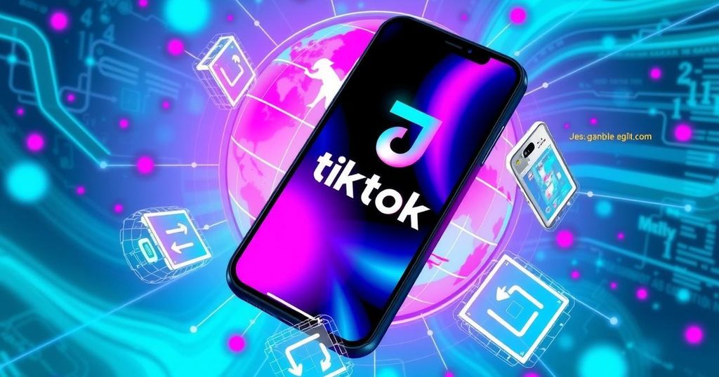 A digital illustration of a smartphone with a TikTok logo against a backdrop of flags and globe, in a modern art style.