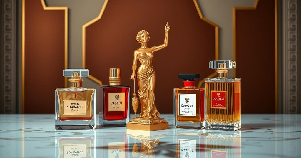 Gold statue representing a famous leader against a backdrop of luxury fragrances, depicted in a vibrant colour scheme.