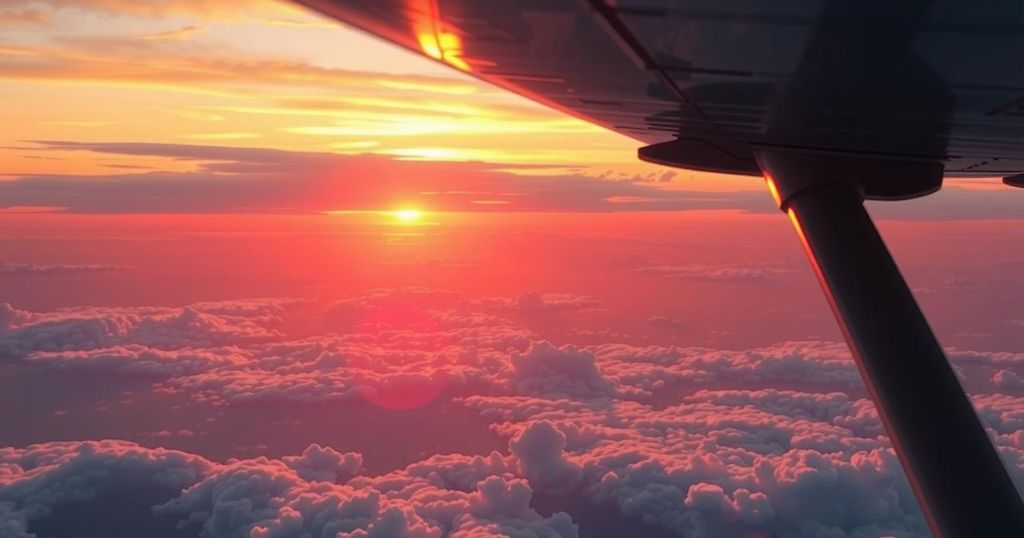 Rappresentazione artistica di un viaggio in aereo con paesaggio sereno al tramonto durante una festa.