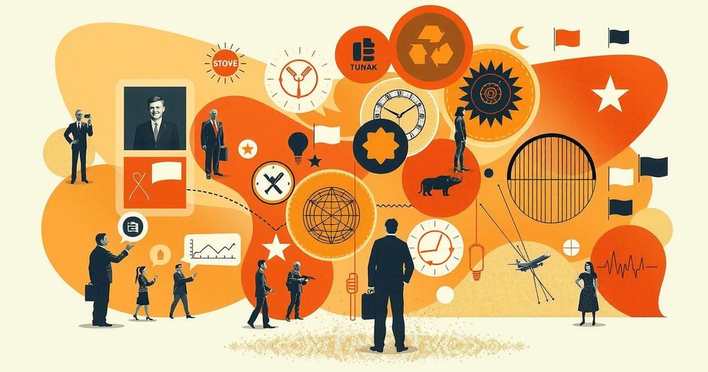 Artistic representation of political discussions with abstract symbols and warm colour palette