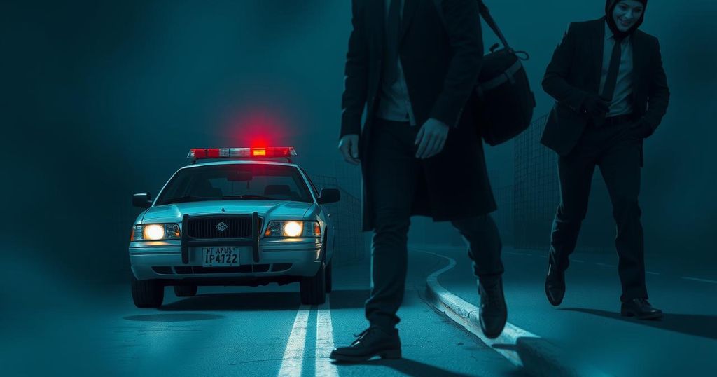 Dark scene depicting shadows of a masked figure and a police vehicle, surrounded by a sense of tension and unease.