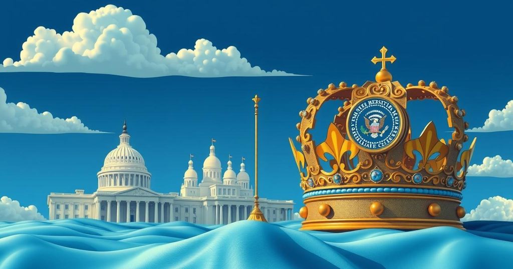 Un paesaggio politico americano stilizzato con un cielo blu e simboli di potere, rappresentando le ambizioni presidenziali.
