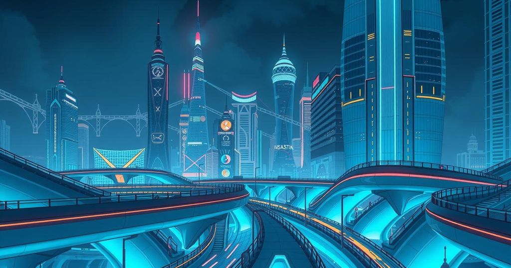 Iconic city skyline at night with futuristic transportation, tunnels symbolizing innovation and progress, bluish tones.