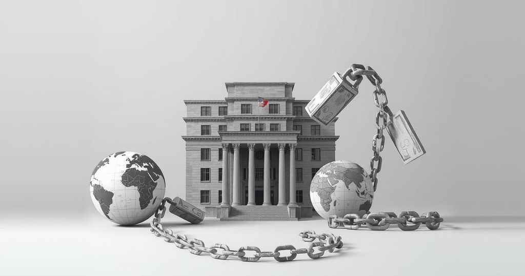 Rappresentazione di un'agenzia governativa in crisi con simboli di sviluppo internazionale in sfondo grigio.