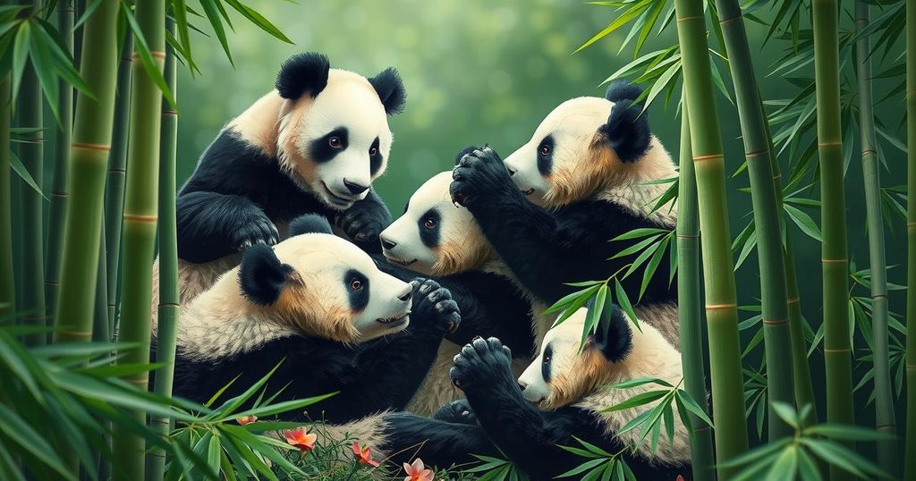 Giant pandas in a lush environment with bamboo, showcasing harmony of nature and politics, vibrant greens and browns.