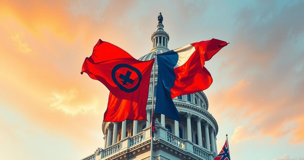 A stylised representation of a Capitol building with contrasting flags showing divided political opinions, vibrant colours.
