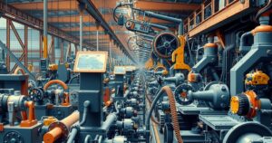 Una catena di montaggio in stile industriale con strumenti di lavoro, sfondo grigio e toni metallici, rappresenta il potere di cambiamento.