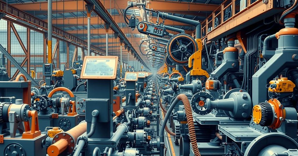 Una catena di montaggio in stile industriale con strumenti di lavoro, sfondo grigio e toni metallici, rappresenta il potere di cambiamento.