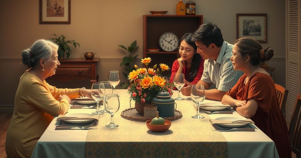 Decorated dinner table with peaceful ambiance, symbolizing family unity and respect during political discussions.