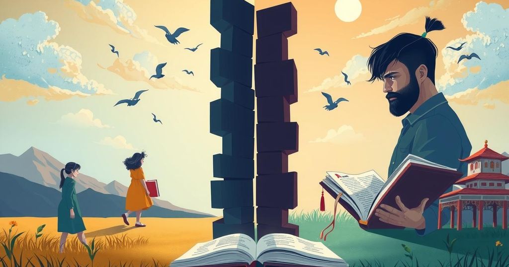 Divided opinions on politics and culture among Gen Z, illustrating the gender gap with symbolic elements.