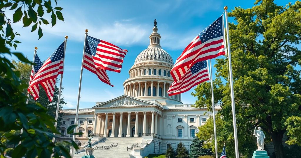 Scenari politici con il Campidoglio e bandiere americane, riflettendo attività di governo in corso.