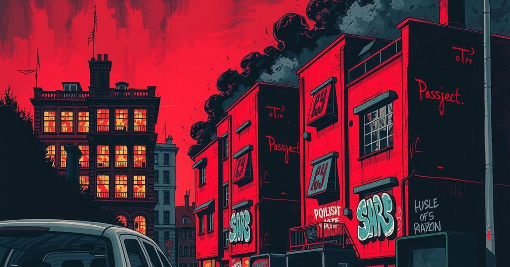 Scena di violenza politica con edifici in fiamme e graffiti, evidenziando conflitti e tensioni sociali.