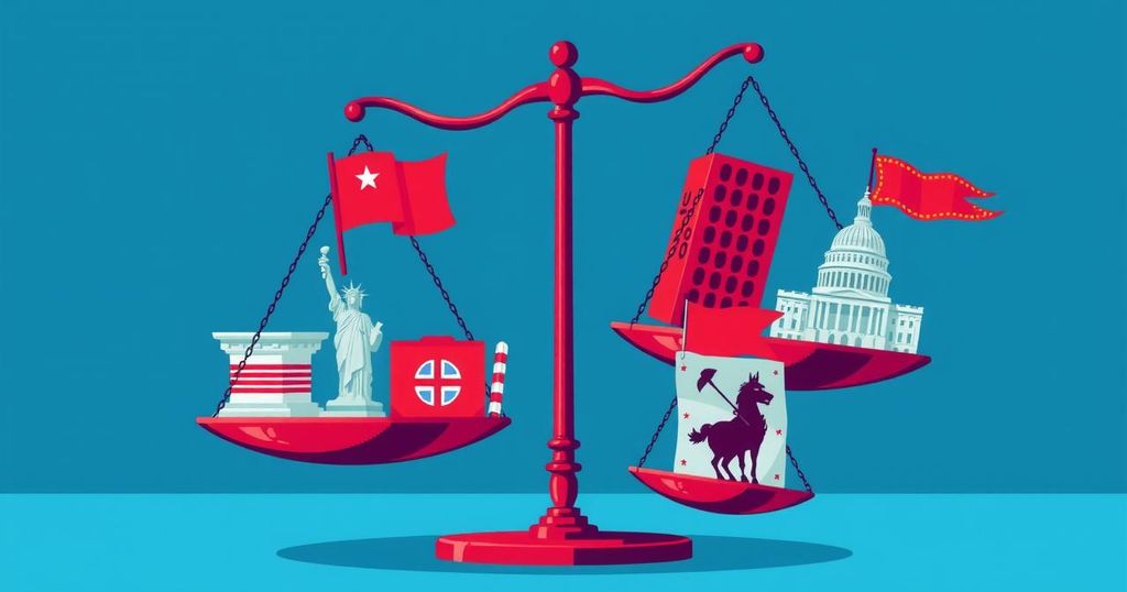 A political cartoon showing a balance scale tipping with legislation symbols, pixel art style, in blue and red hues.