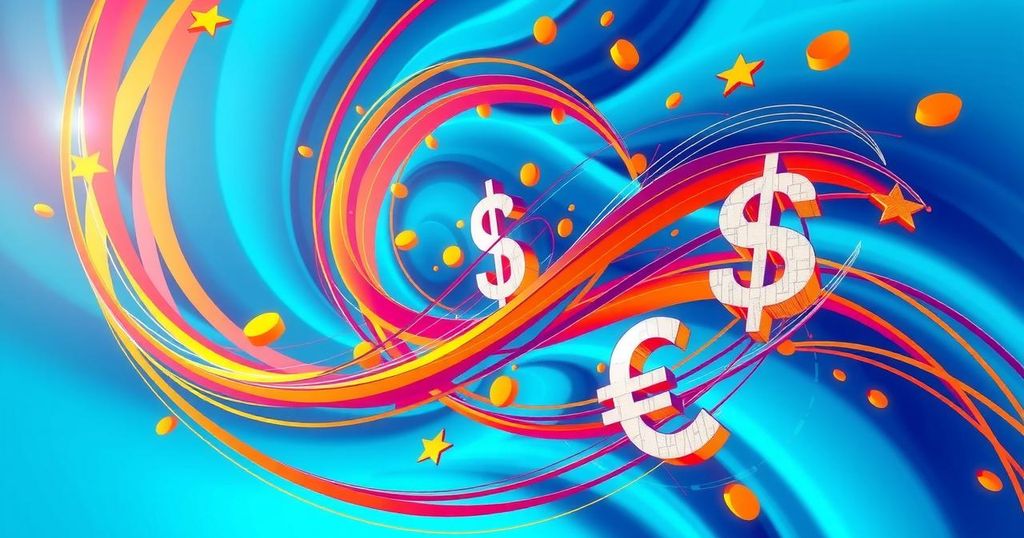 An abstract representation of political funding with currency symbols and a futuristic theme, in bright blue and orange hues.