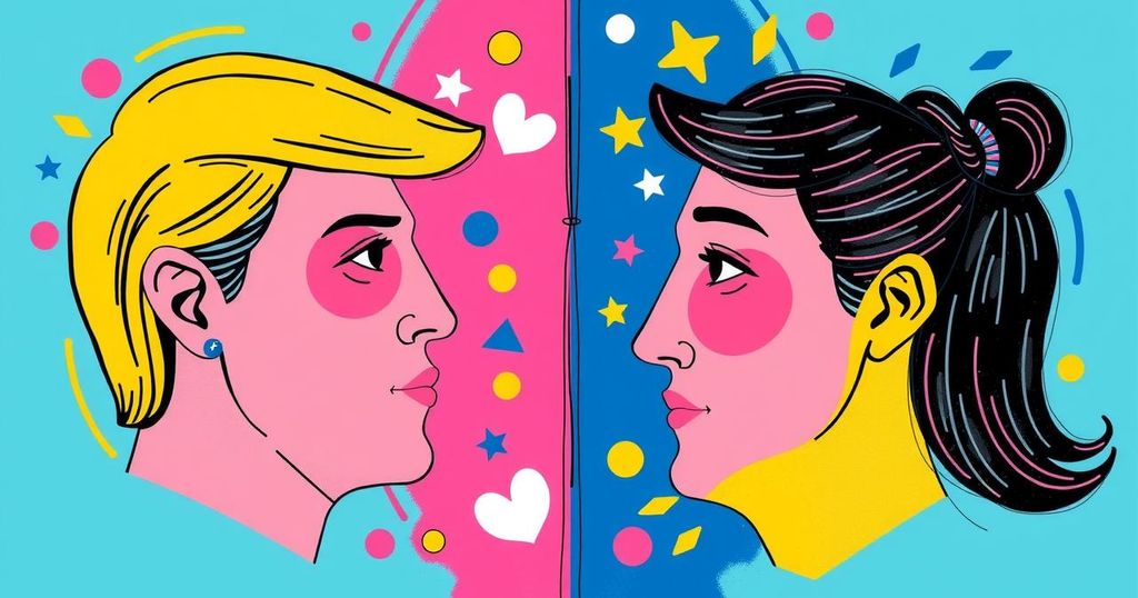 Giovani adulti divisi da opinioni politiche, rappresentazione astratta in colori vivaci.