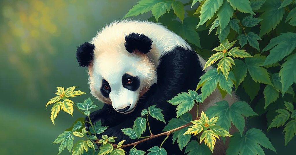 Panda in a serene zoo environment, surrounded by lush greenery, representing the cultural significance of animals.